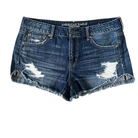 American Eagle Outfitters Tomgirl Shortie Distressed Blue Jean Shorts Size 10 - Picture 1 of 4